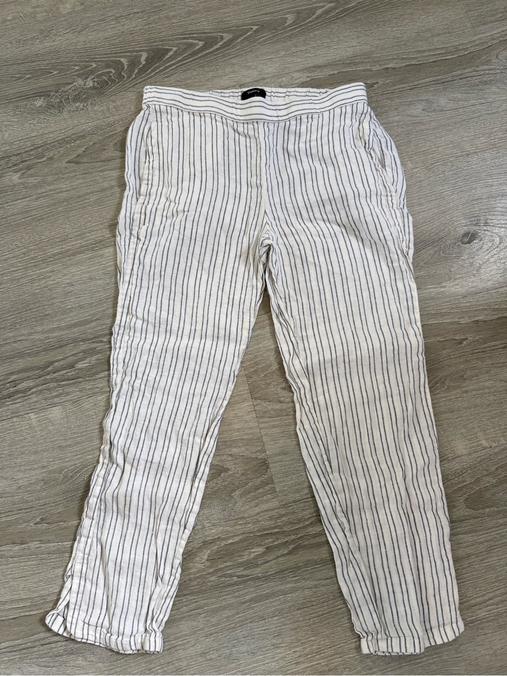 Theory Linen Pants with Navy Pinstripes